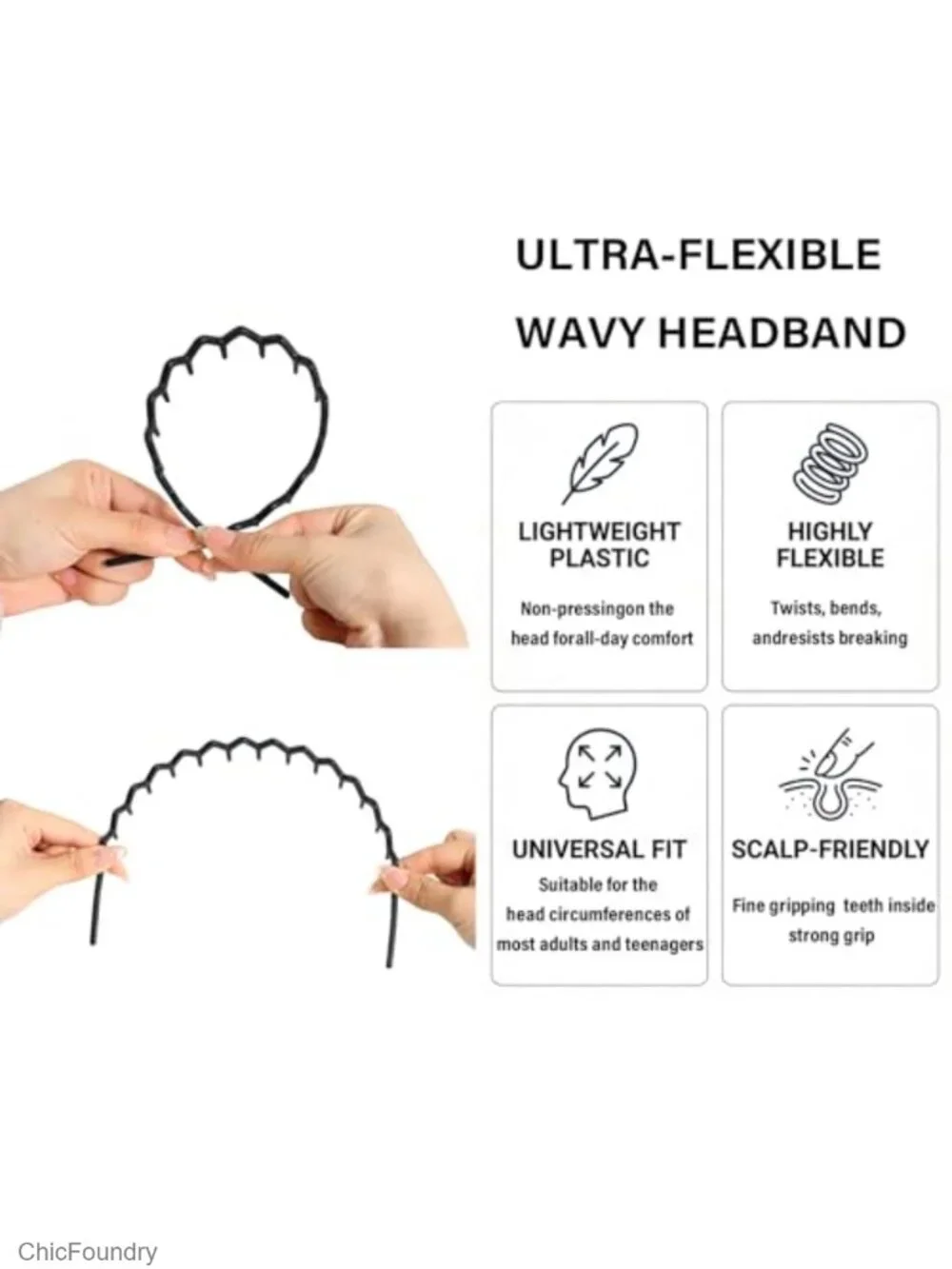 6 Pack Non-Slip Zig Zag Teeth Headbands with Shark Tooth Comb, 90s Plastic Hair